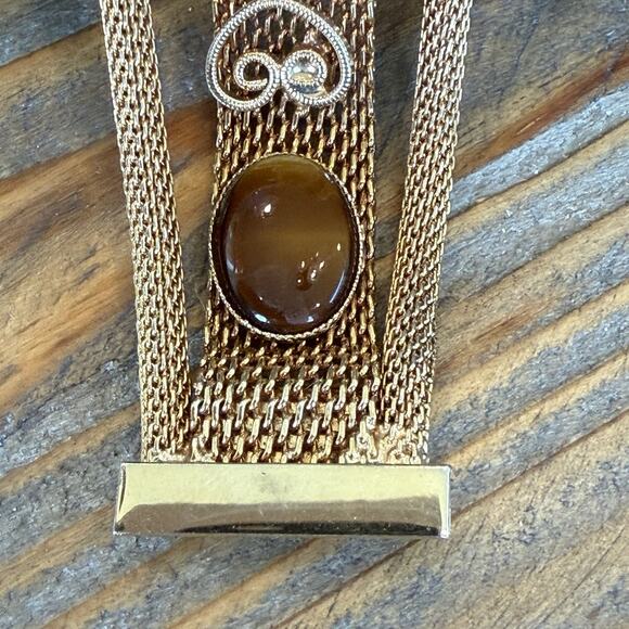 Vintage Gold Tone Mesh Tiger’s Eye Glass Cabochon 7” Bracelet Push Lock Closure - Picture 4 of 5